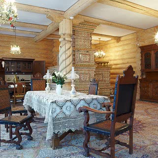 Гостиная в рубленом доме в русском стиле